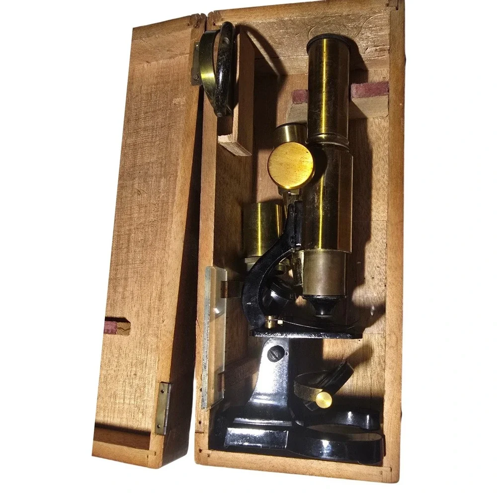 Antique Brass Monocular Microscope Vintage Scientific Instrument with Wood Case